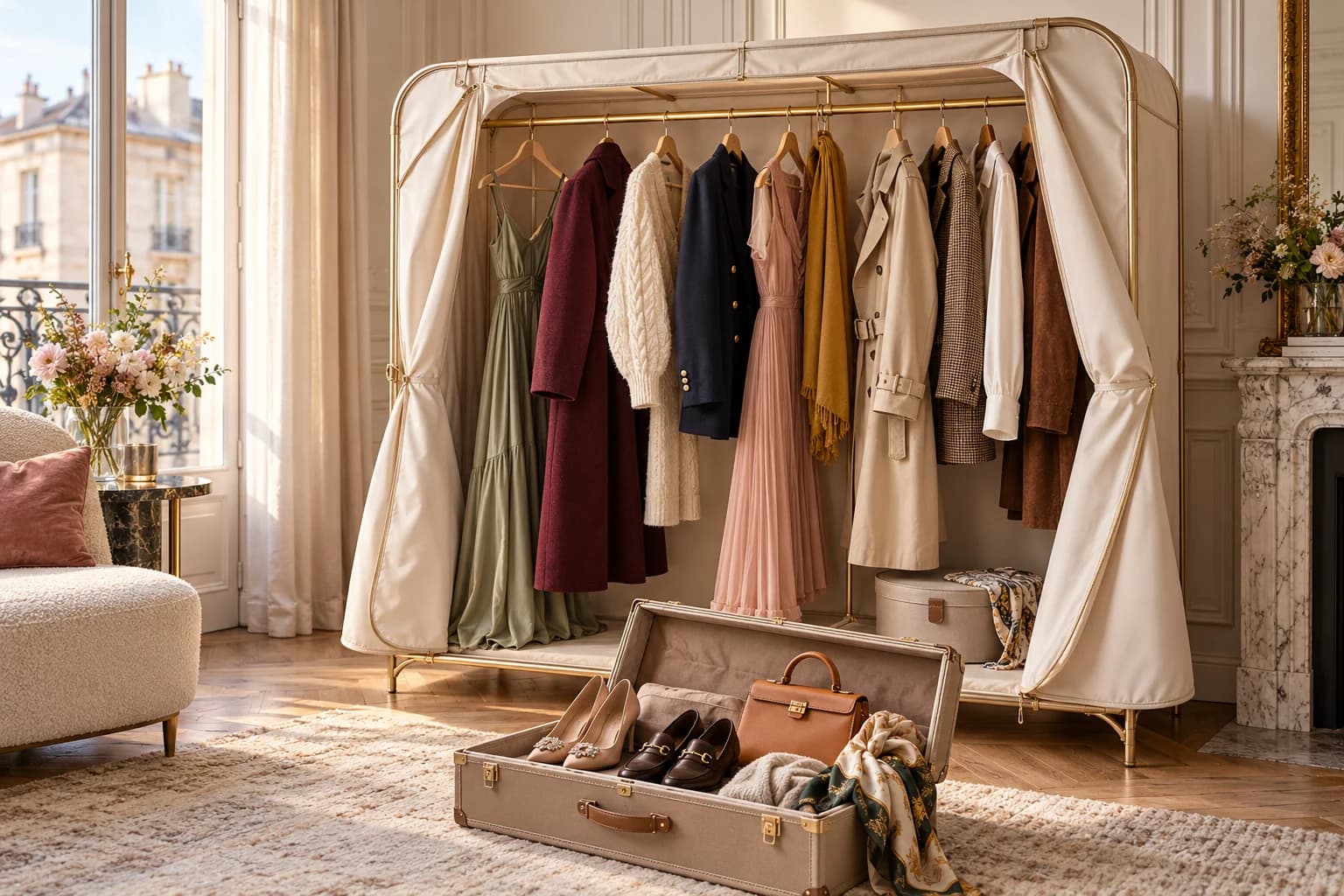 Illustration d’une grande penderie ouverte avec une collection de tenues et un coffre à chaussures et accessoires