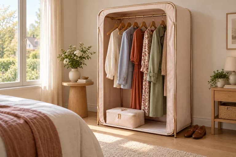 Penderie rose poudré avec vêtements suspendus dans une chambre